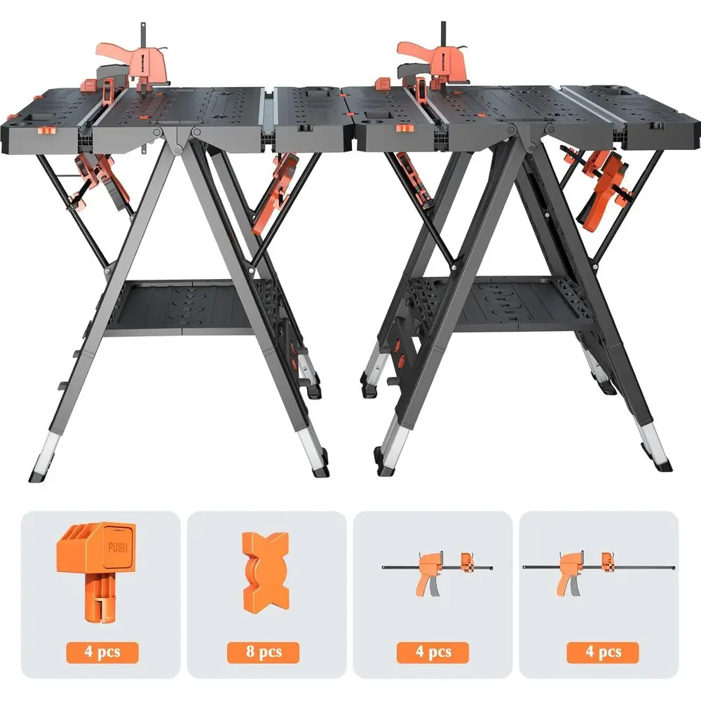 Mesa de trabajo plegable portátil combinada, banco de trabajo y caballito de sierra 2 en 1, banco de trabajo impermeable con capacidad de carga adicional con 8 carpintero