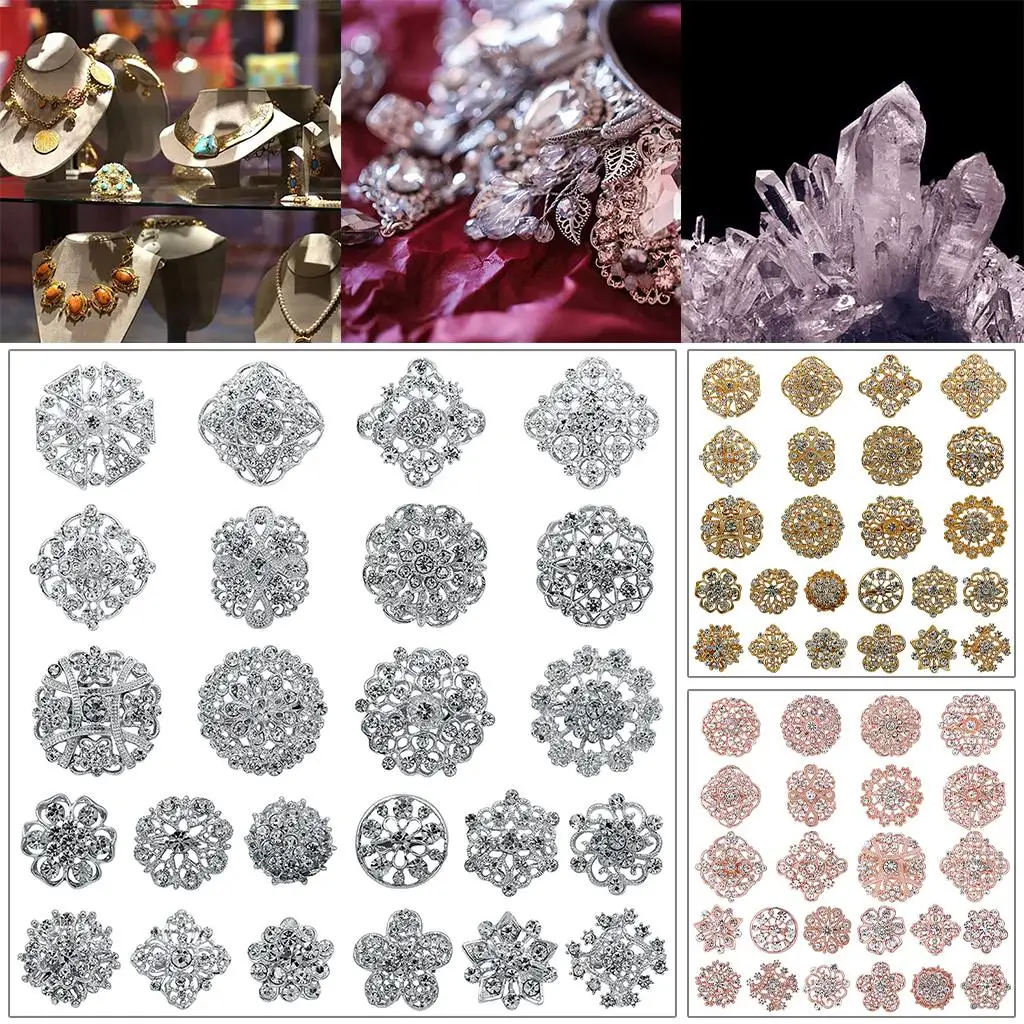 24 حزمة من دبابيس بروش أحجار الراين المختلطة دبوس طوق كريستالي على شكل زهرة عتيقة