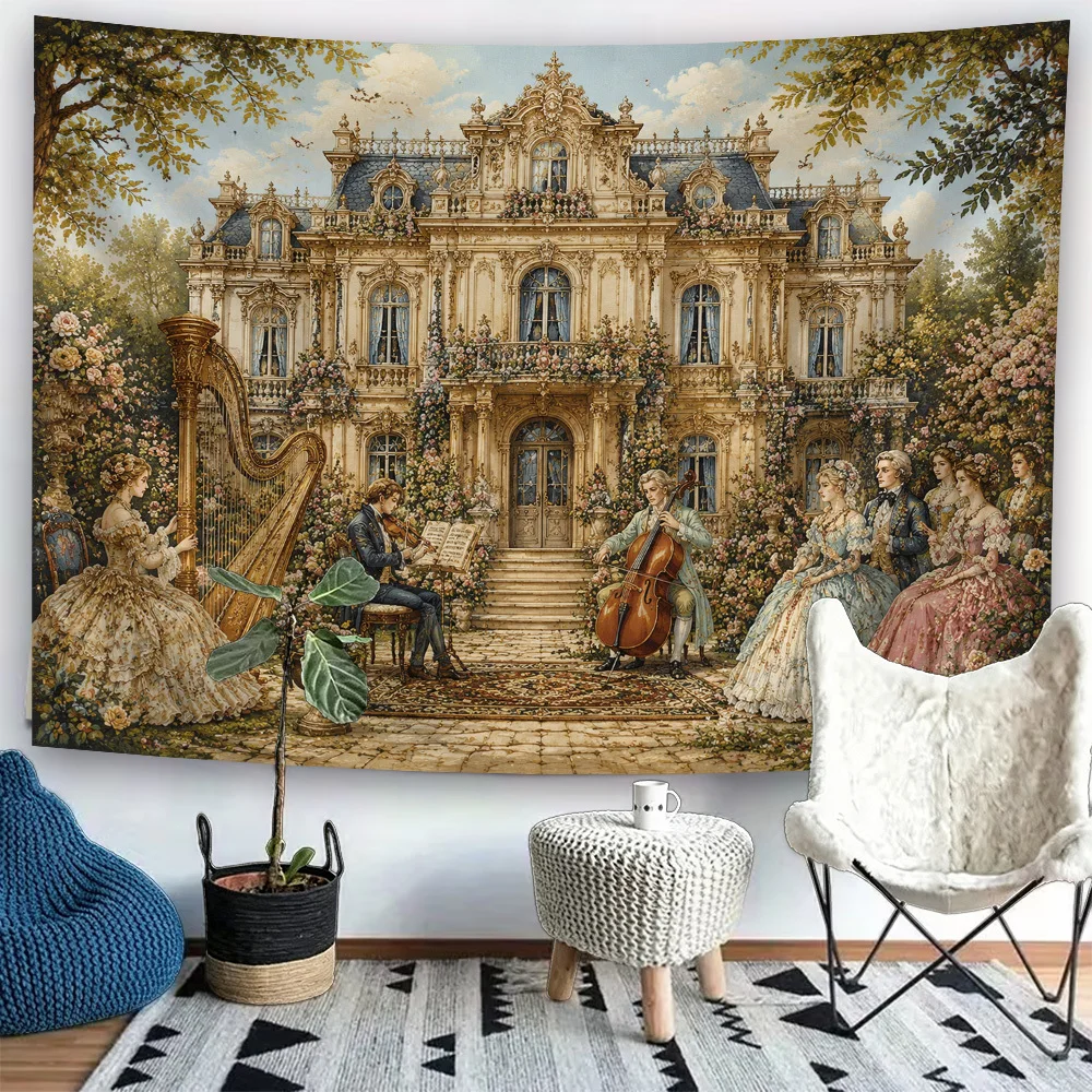 Rococo Castle Tapestry, European Noble Concert In Luxury Mansion Flower Yard, Retro Oil Painting Print Wall Hanging for Living