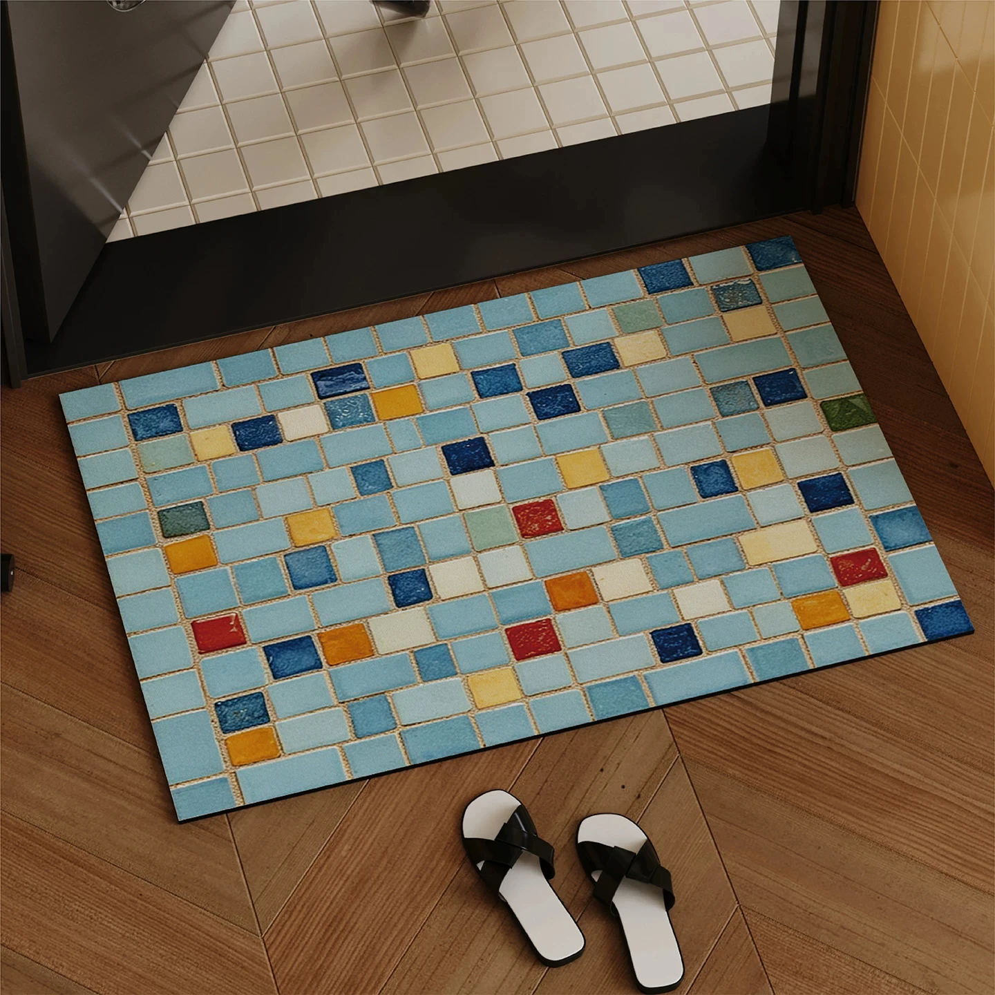 3D Optical Illusion Mosaic Soft Diatom Mud Bath Mat Vintage American Aesthetic Bathroom Floor Mat Anti-Slip Quick Dry Door Mat