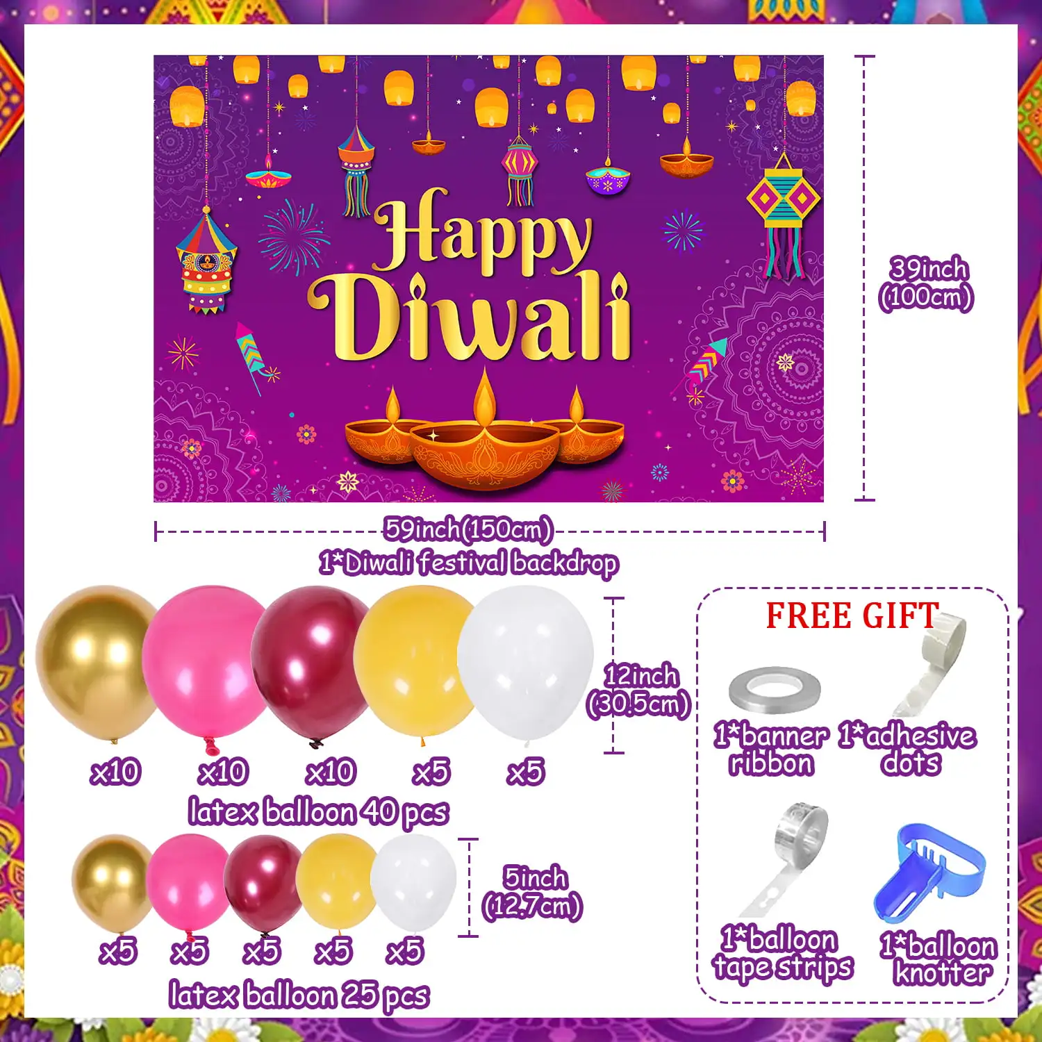 Happy Diwali Party Decoration with Balloon Arch Kit, Backdrop for India Diwali Festival, Home Decoration