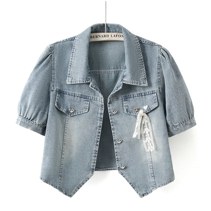 

Summer New Women Solid Color Thin Short Denim Jacket Light Blue Loose Casual Lapel Short Sleeve Irregular Hem Jeans Jacket Coat