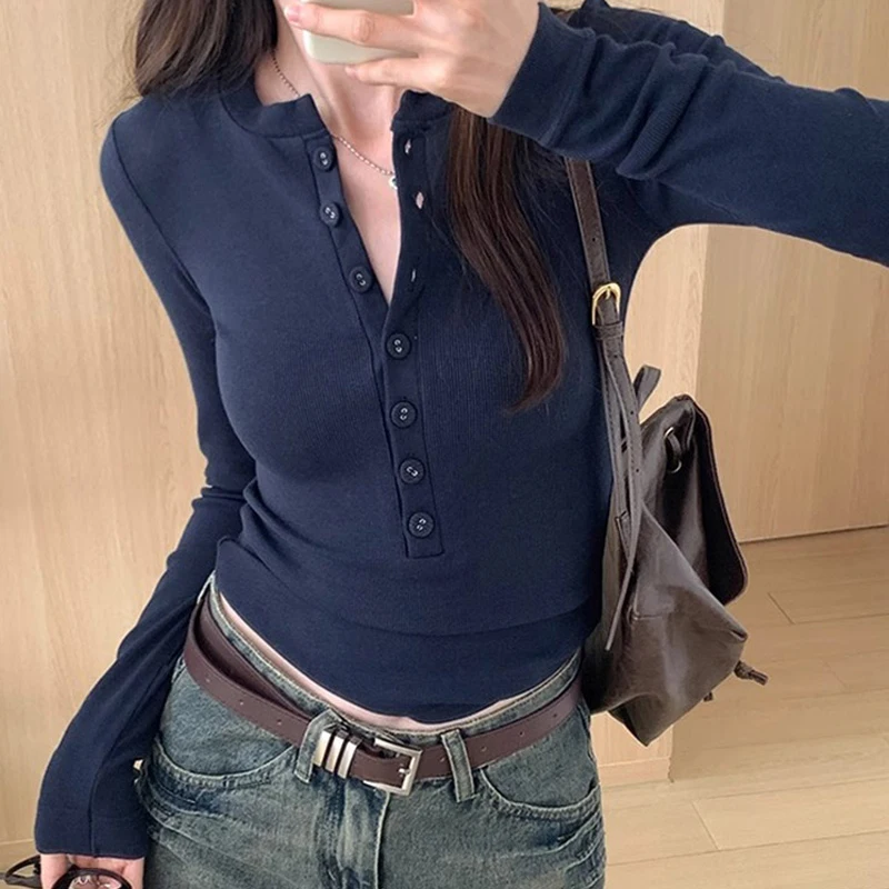 Button 2024 V Neck Long Sleeve Shirt Women Ribbed Sexy Cropped Tops Spring White Casual Skinny Slim Basic Woman T Shirts Black