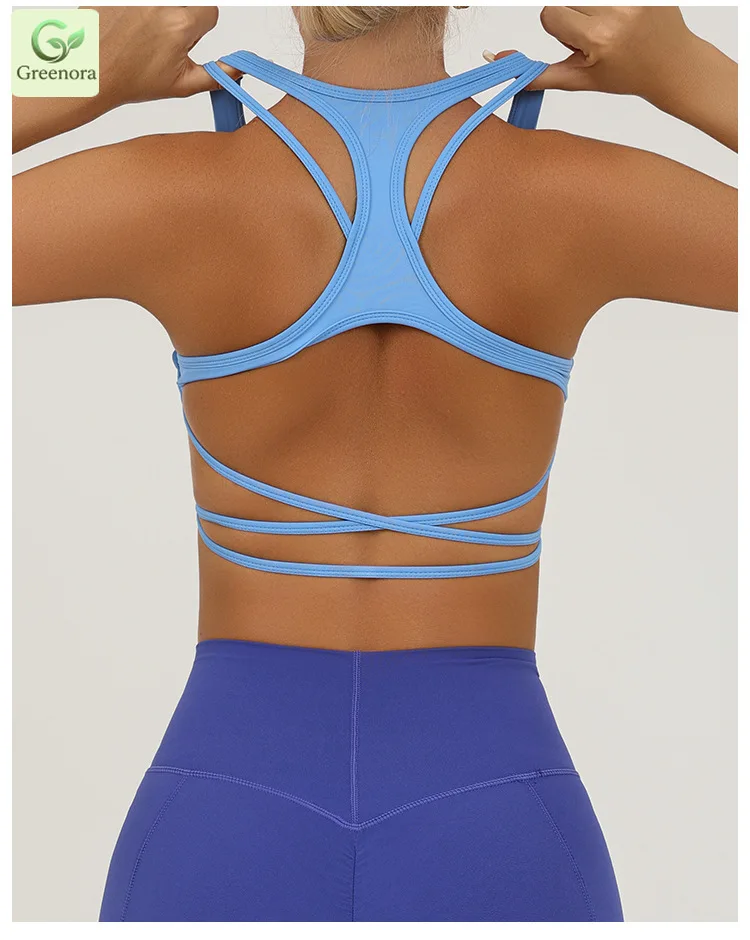 Greenora Sexy Backless Sports Bra Women Ribbed Yoga Top Crisscross Straps Gym Crop Push Up Breathable Athletic Fitness Bralette