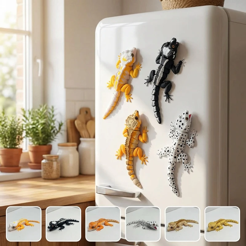 3D Printed Gecko Fridge Magnet, Articulated Lizard Refrigerator Magnet, Flexible Movable Reptile Figurine Magnet Gift