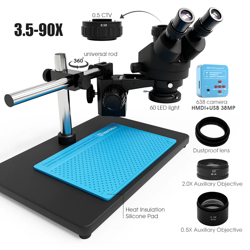 Kailiwei Confocal 3.5X-90X Continuous Zoom Trinocular Stereo Microscope 38MP 1080P HDMI USB Camera CTV Adapter Barlow Lens