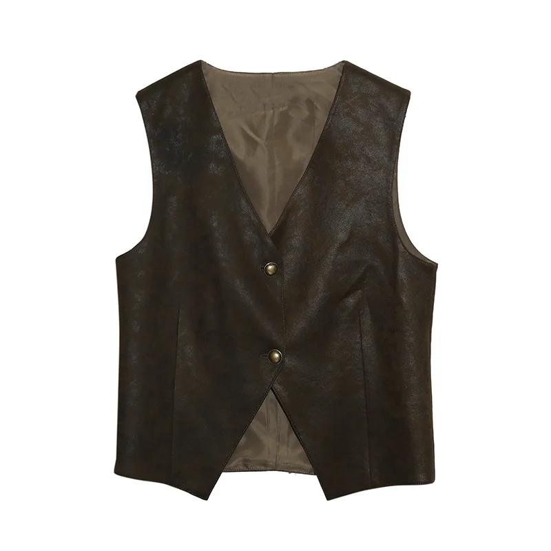 Gilet in pelle scamosciata con scollo a v alla moda retrò per donna canotta senza maniche dall'aspetto ampio canotta di design primavera estate nuovo