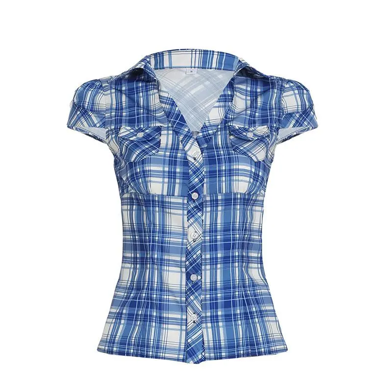 

Onalippa 2025 New American Retro Blue Plaid Lapel Short Sleeved Lining Basic Slimming Spicy Girl Breasted Plaid Top Women