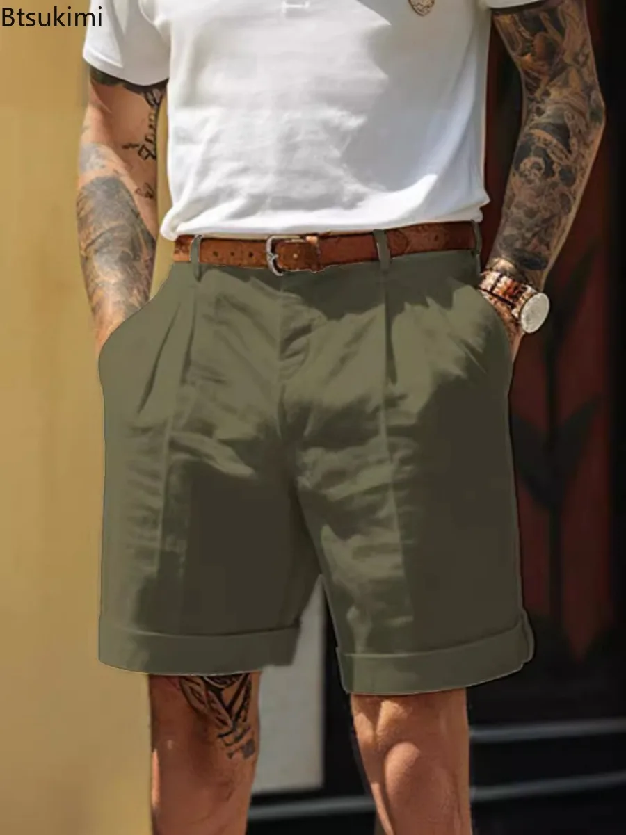 Summer Fashion Solid Cotton Linen Shorts for Men Breathable Pleated Loose Casual Straight Shorts Men Daily Versatile Short Pants - Image 3