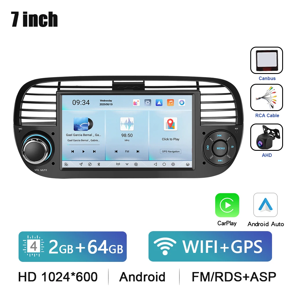 Podofo 7 "Autoradio Draadloze CarPlay Android Radio Voor Fiat 500 2007-2015 Multimedia GPS Bluetooth WIFI Auto intelligente Systemen