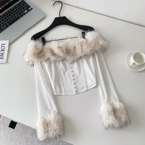 2026 New Long Sleeve Corset Top Faux Fur Collar Bodycon Cropped Top Sexy Black Elegant Off The Shoulder Blouse Women's Clothing