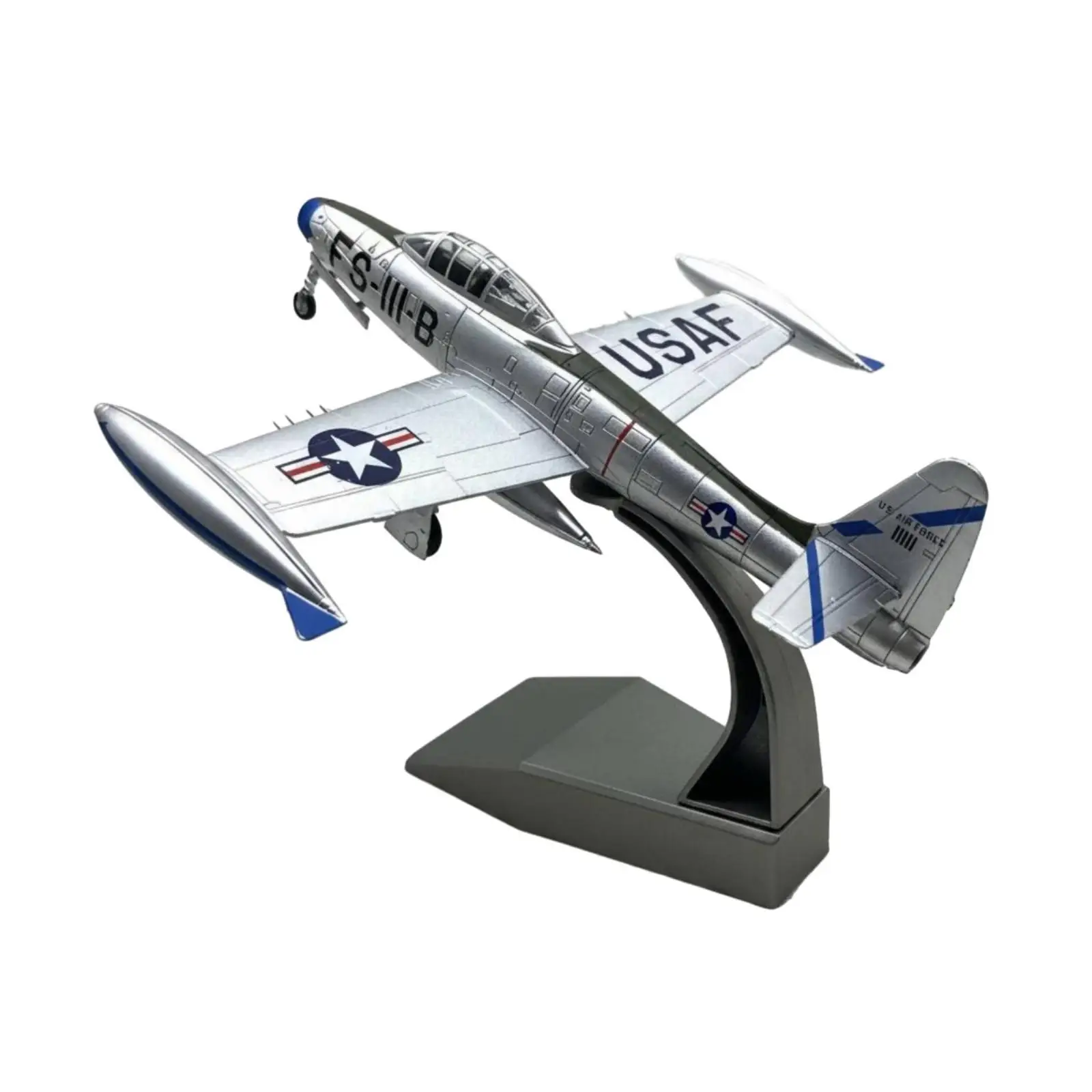 Модель самолета F-84 Thunderjet синего цвета с выделенными деталями, серая подставка.