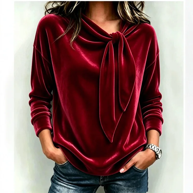 European and American Velvet Bow Sweater, Autumn and Winter New Style Solid Color Long Sleeve Women's Hoodie Pullovers