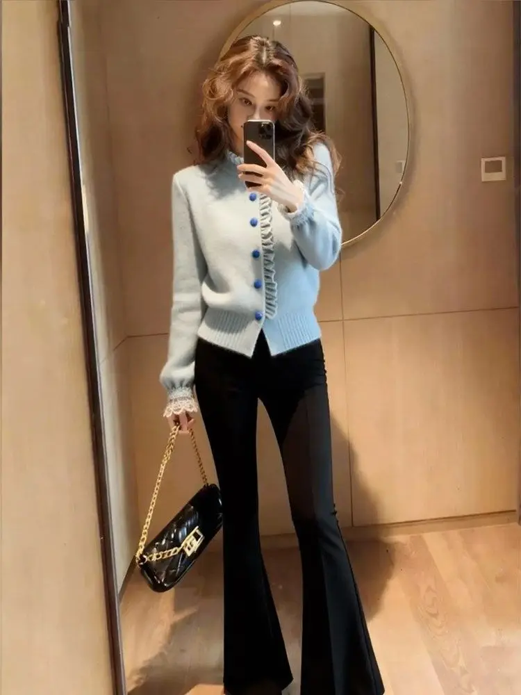 Stylish Blue round Neck Knitted Open Cardigan Early Spring 2026 New Korean Style Small Audience Wooden  Splice Top