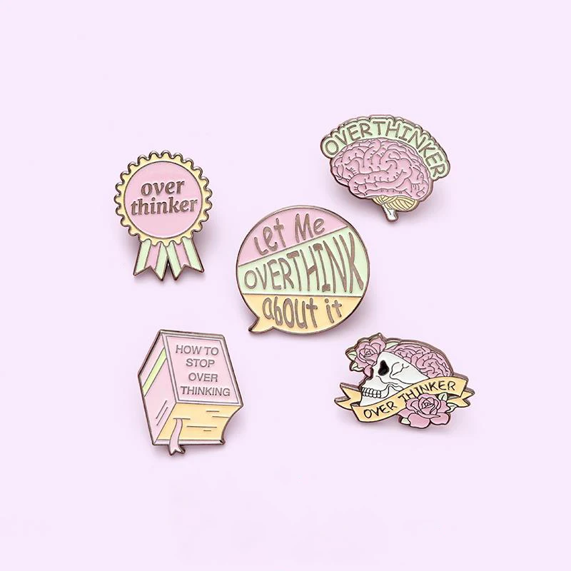 Overthinker Enamel Pin Custom Overthinking Award Brain Skull Book Brooches Bag Lapel Pin Cartoon Badge Jewelry Gift for Friends