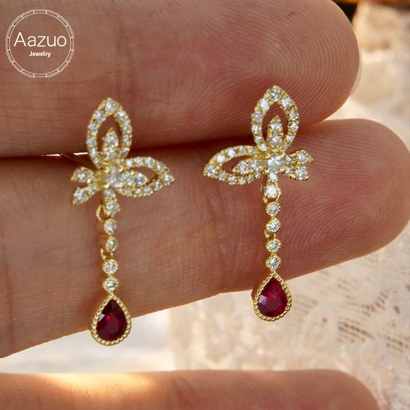 Aazuo 18k Yellow Gold Jewerly Natural Ruby Real Diamond Flower Waterdrop Stud Earrings Gifted For Women Engagement Wedding Party