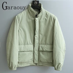 Garaouy 2024 Winter Men Simple Solid Stand Collar Zip Pocket Parka Coats Male Casual Loose Warm Padded Outwear Quilted Jacket