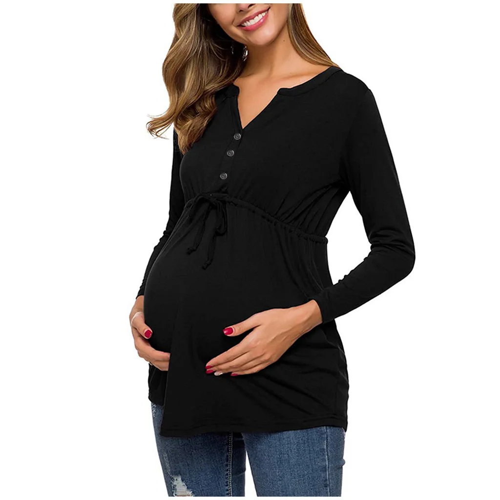 New Maternity Breastfeeding T Shirt Spring Autumn V Neck Solid Color Long Sleeve Plus Size Breastfeeding Top Maternity Wear