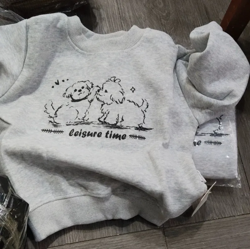 Children's Long Sleeve Hoodie Round Neck Sweatshirt Cotton Fabric Korean Style Boys Girls Cute Cartoon Print Autumn Clothes Top