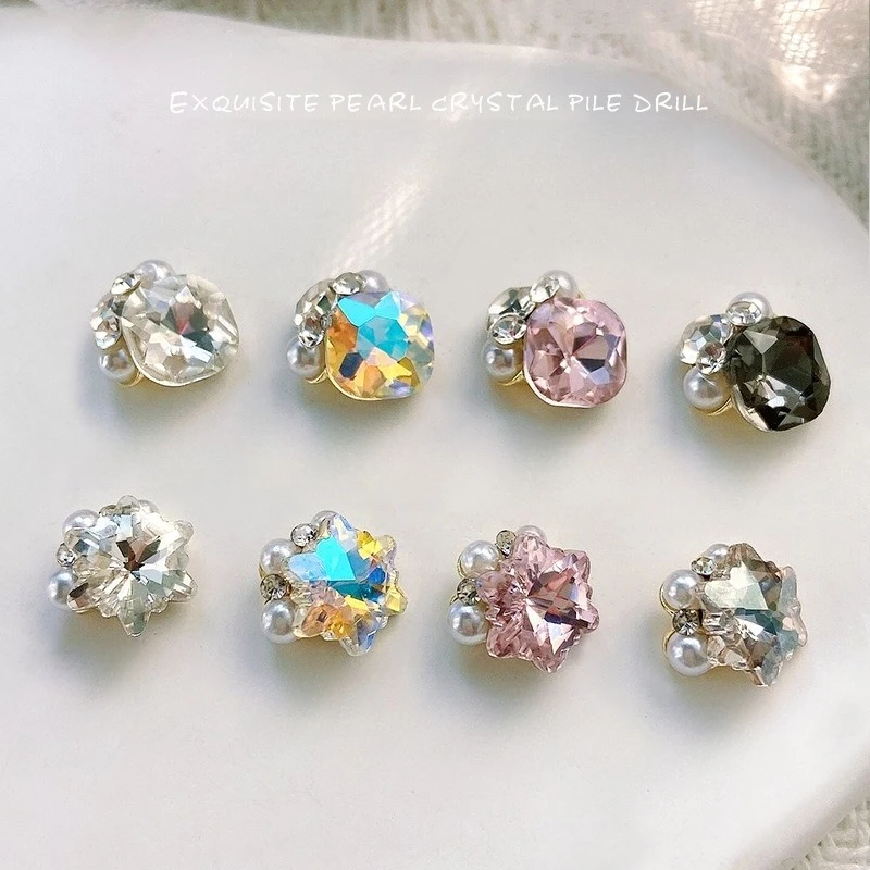 5Pcs Popular Square Nail Rhinestones Handmade Snowflake Pearls Pointed Alloy Charms Sparkly DIY Manicure Decor Ornaments