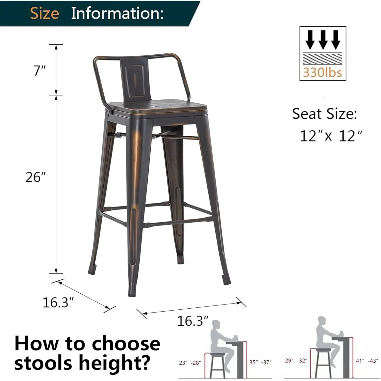 Taburetes de bar de metal de 26 pulgadas, juego de 4 taburetes de bar industriales con altura de mostrador y respaldo, sillas de bar de cocina, asiento de madera, desgastado, dorado y negro