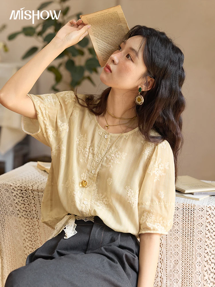 MISHOW French Retro Embroidered Floral Blouse for Women Summer 2025 Round Neck Single Breasted Top Puff Sleeve Blouse MXE36X1874