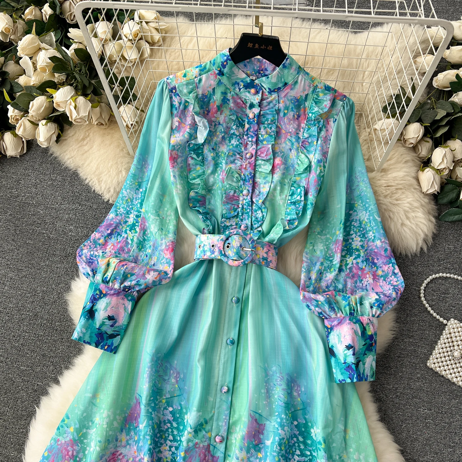 Autumn New Women's Elegant Waist Closing Lantern sleeve Long Dress French Retro Romantic Flower Printed Chiffon Shirt Dresses