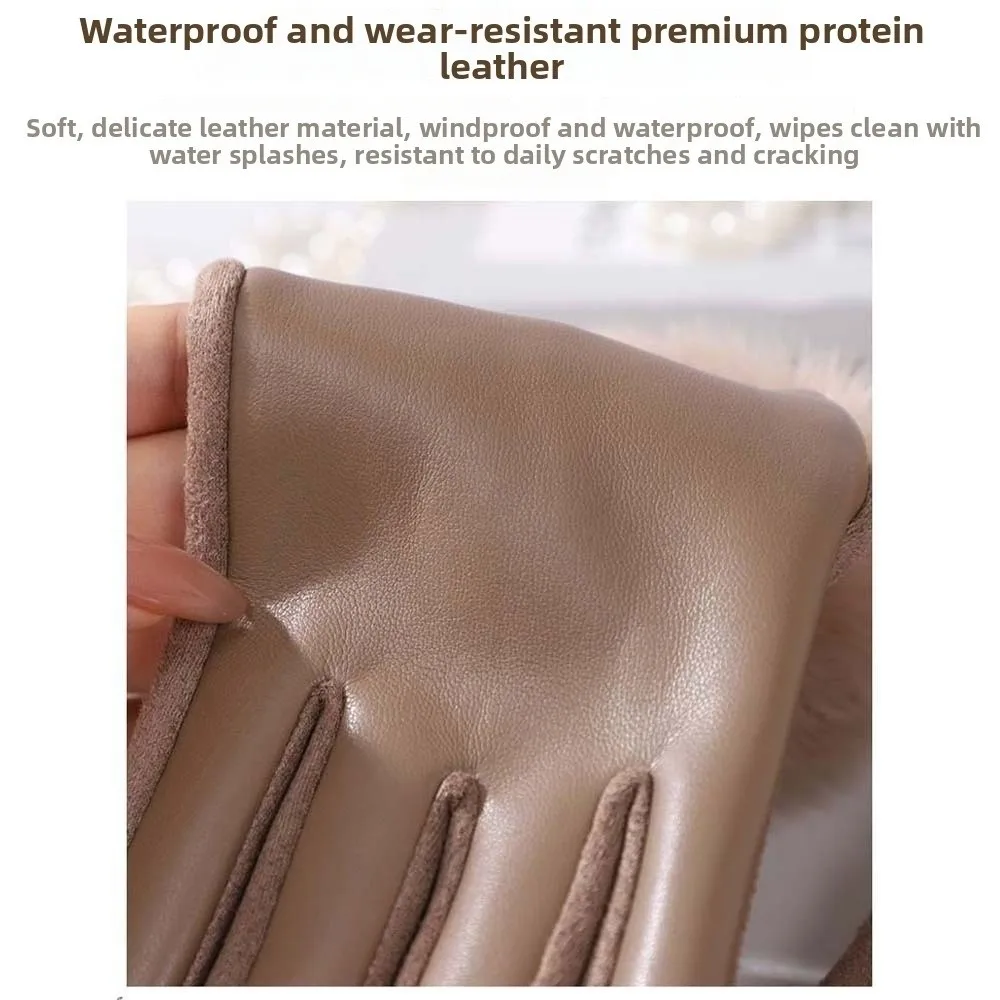 Fleece Lined Leather Gloves Anti-splash Water Fur Cuff Winter Mittens Soft Texture Longer Wrist Thermal Handwear Commuting
