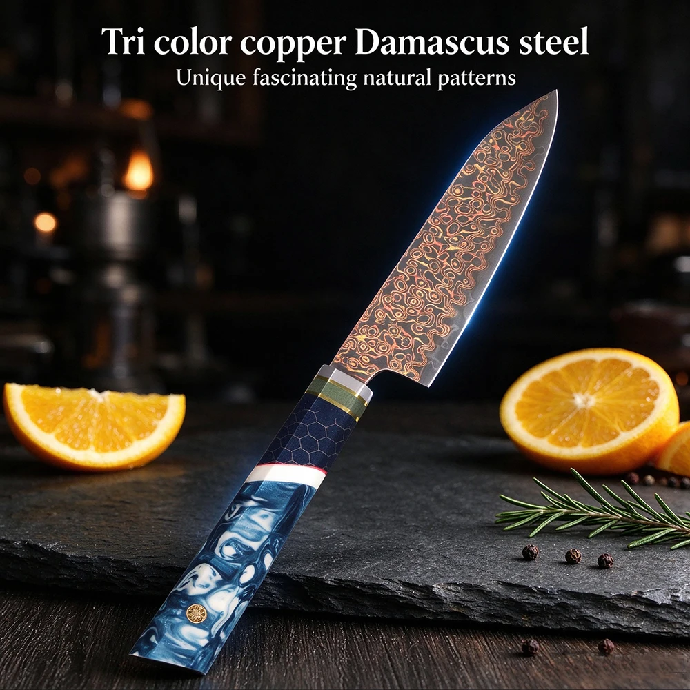 5-inch Tricolor Copper Damascus Steel Kitchen Knife With Sharp Edges peeler Knife Fruit Vegetable Meat Cutting Chef Cooking Tool