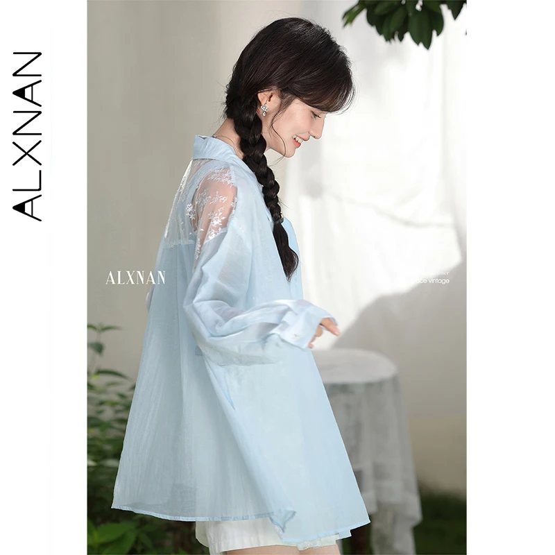 ALXNAN Blaues Hemd, Sonnenschutz, Polokragen, lockere Passform, Langarmhemden, 2025, Sommerurlaub, Strand, lässige Damenoberteile, L56306