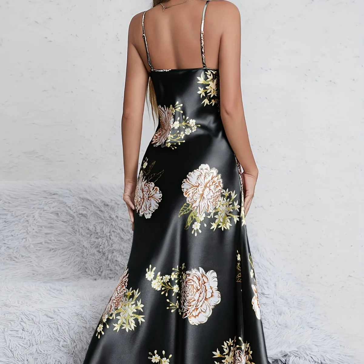 قميص نوم نسائي طويل قميص نوم مطبوع عليه زهور فستان نوم بحمالات ملابس داخلية حميمة صيفية من الحرير والساتان ملابس منزلية للاستلقاء #2