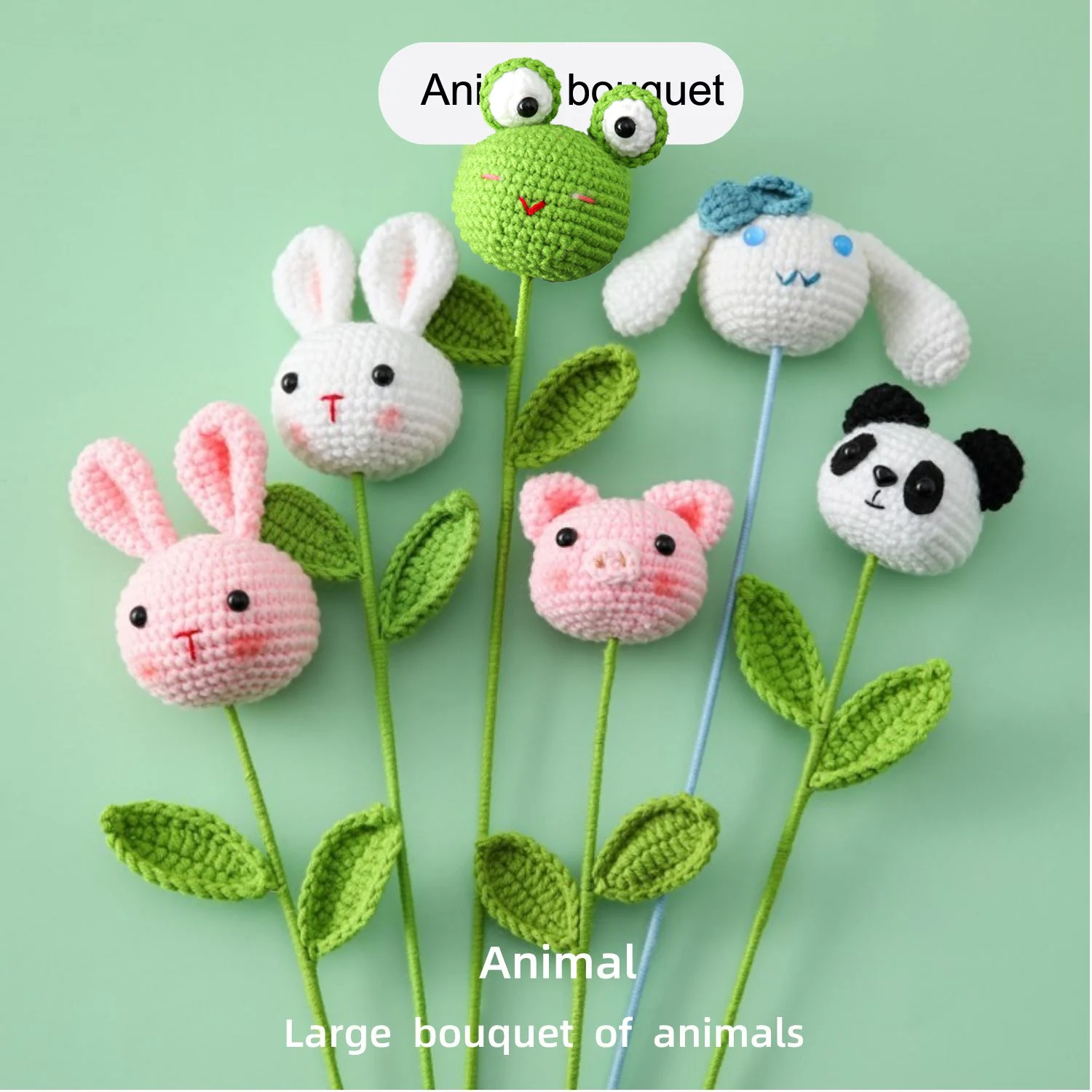 Handmade Simulation Wool Crochet Flower Cartoon Animal Bouquet Pig Panda Rabbit Kitty Doll Gif For Kids Children Wholesales 2024