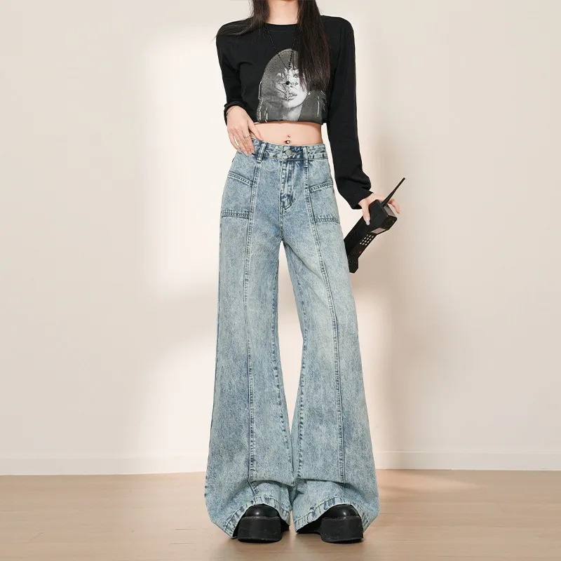 Womens American Street Style Split Cut Design Wide Leg Jeans Loose Casual Distressed Denim Long Trousers
