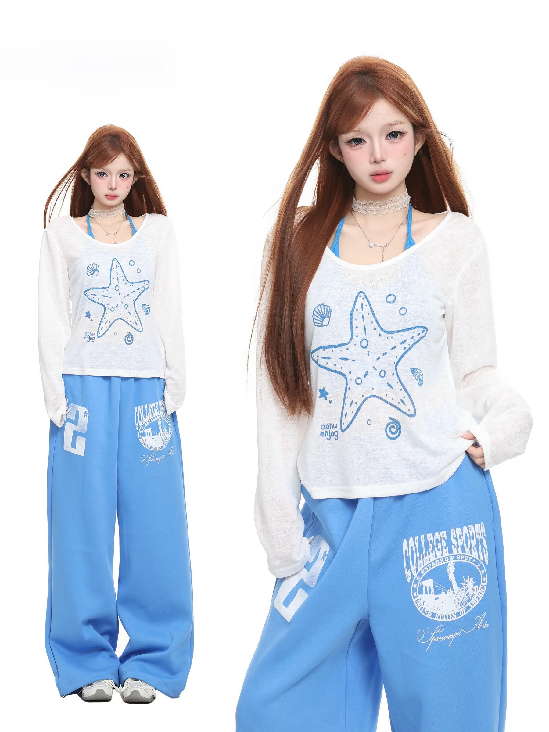 Basterds Starfish Print Long Sleeve UV Protection Women's T-shirt Spring Summer Loose Lazy Cover up Vest Two Piece Set