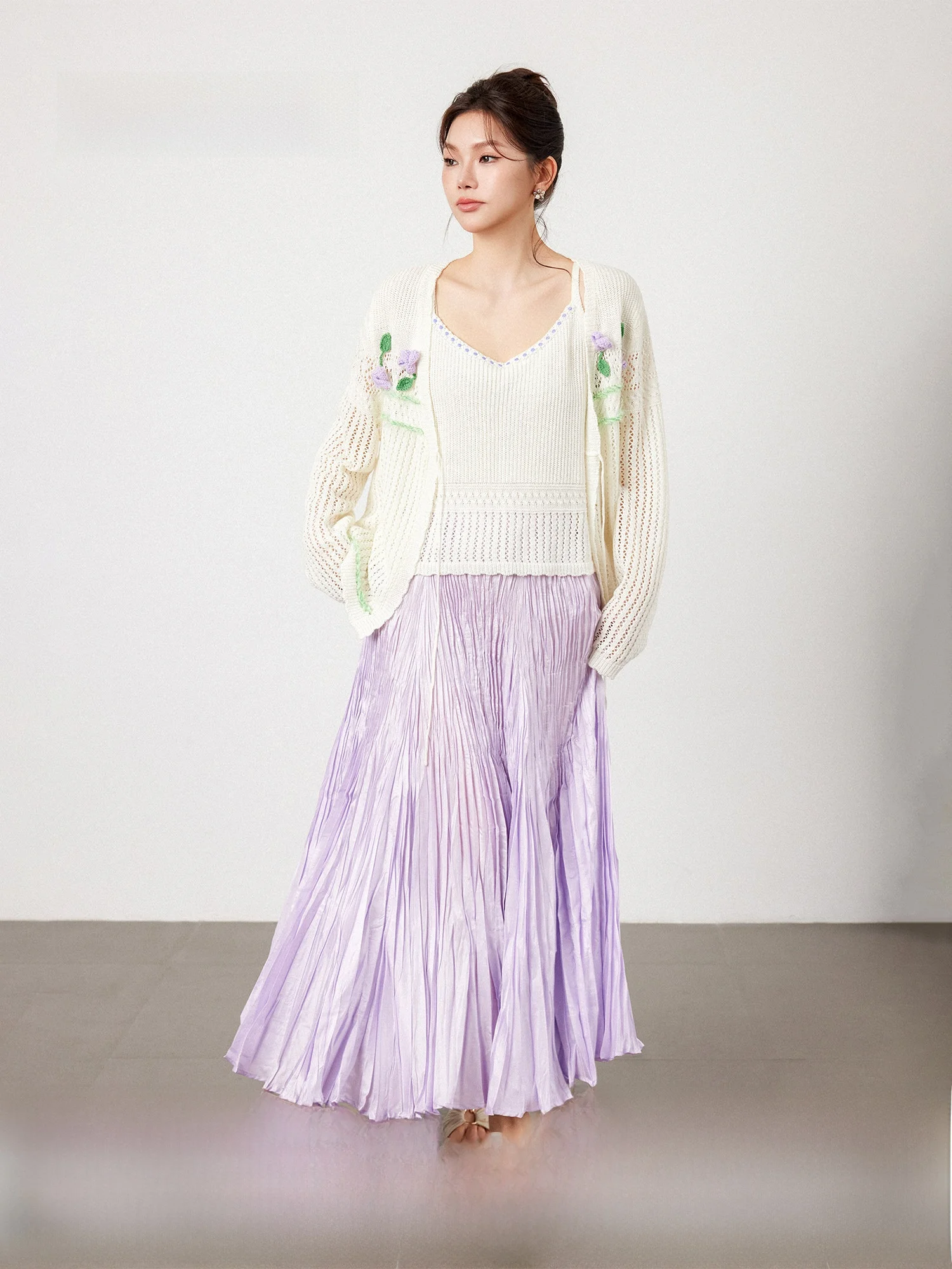 

Plusmall Spring Linen Rayon Blend Knitted Cardigan Strap Half Skirt Floral Print Casual Wear for plus Size Women Fashion Set