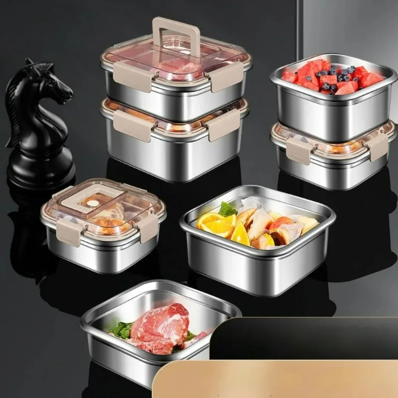 

304 Stainless steel handle lunch box food grade refrigerator storage box microwave household large capacity sealed picnic box