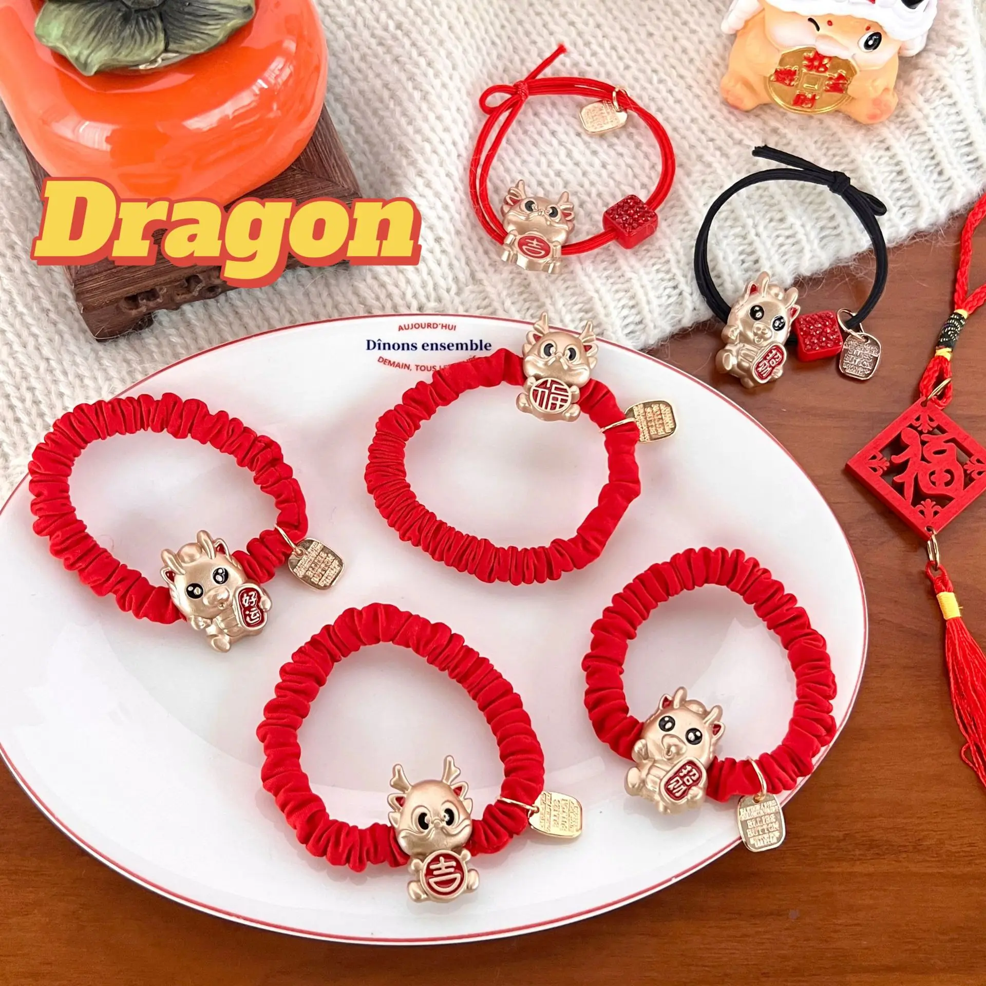 Dragon Year Zodiac Red Rope Metal Red New Year Hair Ring Female High Elastic Rubber Band Head Rope Celebration