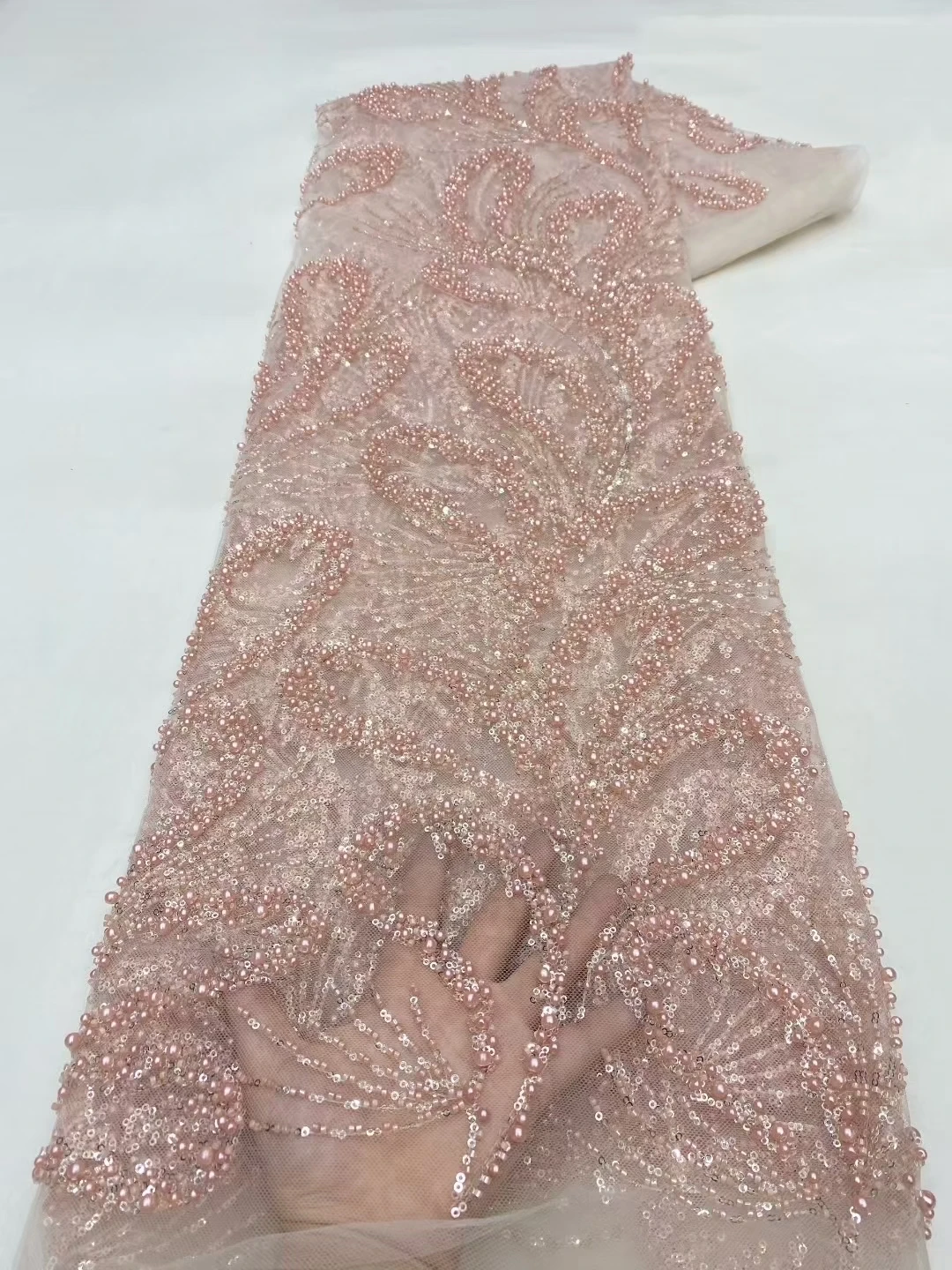 

New Pink Heavy Beads African Lace Fabric 2025 High Quality Beaded Sequins Embroidery French Lace Fabric For Party Dress KXX25172