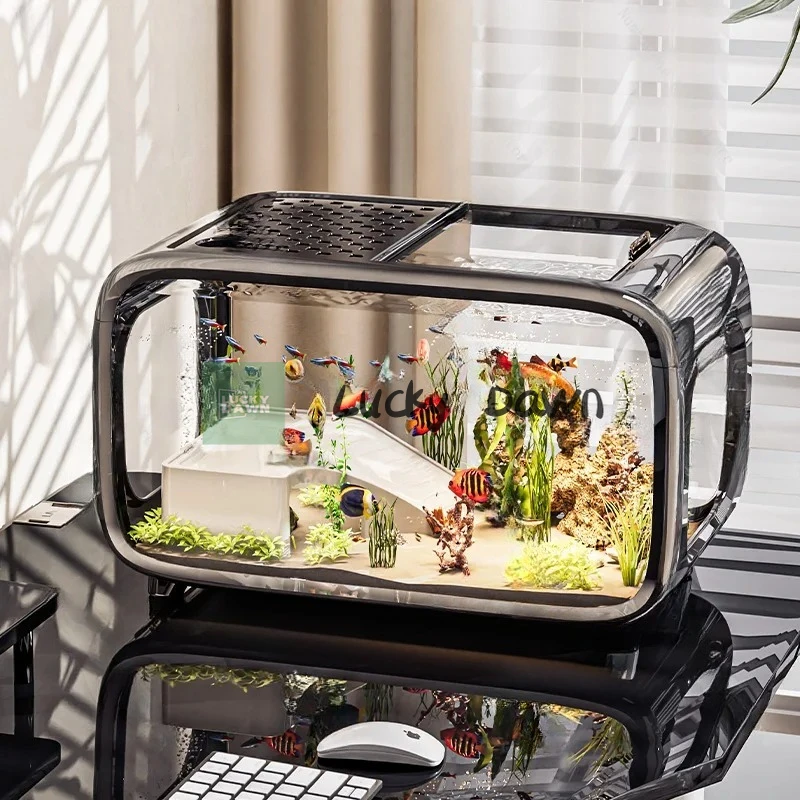 خزان حوض سمك أكريليك سعة 10 جالون مع غطاء، ديكور وعاء السمك ذو المناظر الطبيعية البيئية الشفافة لسطح طاولة مدخل غرفة المعيشة