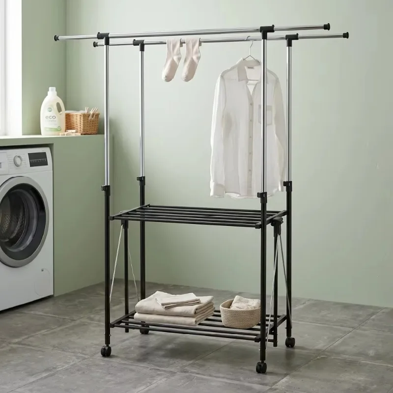 Clothes Drying Rack Movable Standing Simple Design, Suitable for Bathroom Laundry Storage Rack, Double-layer Steel Iron Frame