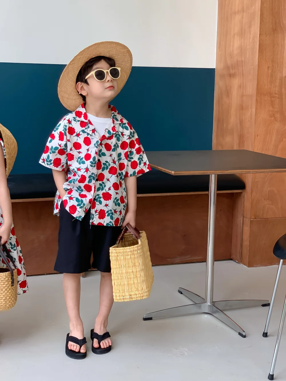 2024 Summer New Children Brother Sister Matching Clothes Fashion Boys Lapel Shirt Cute Girls Floral Sling Dress Sibling Outfits