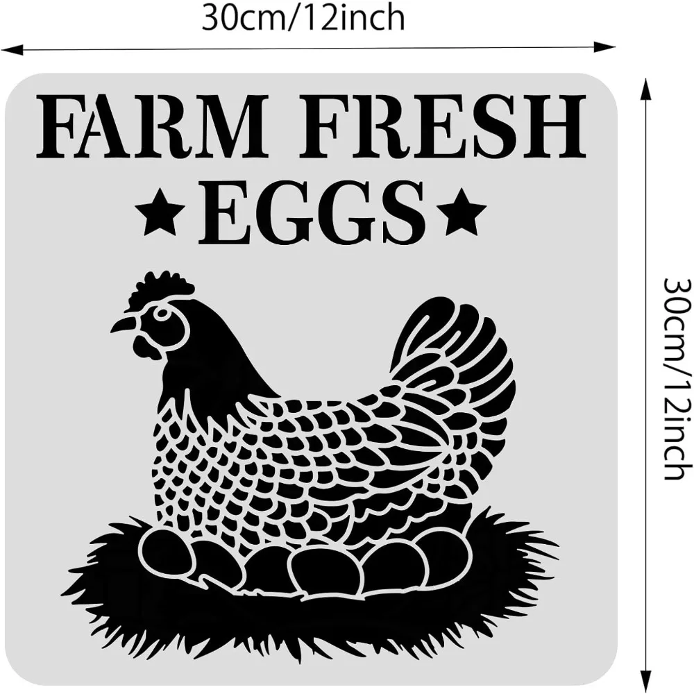 12x12inch Hen Pattern Plastic Painting Stencils Farm Fresh Eggs Large Reusable Stencil Template for Painting on Scrapbook