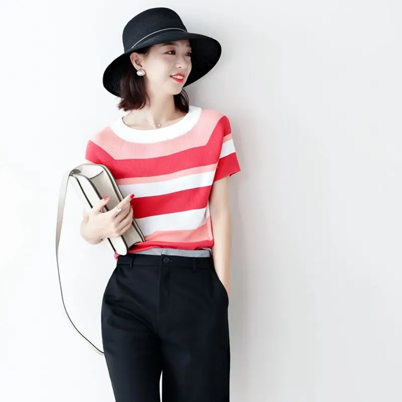 Fashion Women Casual Striped T-shirt Spring Summer Korean New Short Sleeve O-Neck All-match Pullover Loose Thin Knitted Top 2023