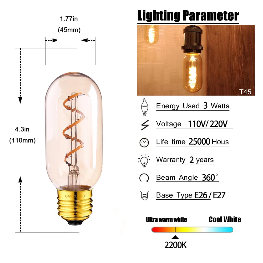 Imagem -02 - Filamento Espiral de Ganriland Conduziu Lâmpadas 3w T45 E26 E27 Pode Ser Escurecido Bombilla 110v 220v Tubulares Modernos para a Luz Decorativa do Pendente o