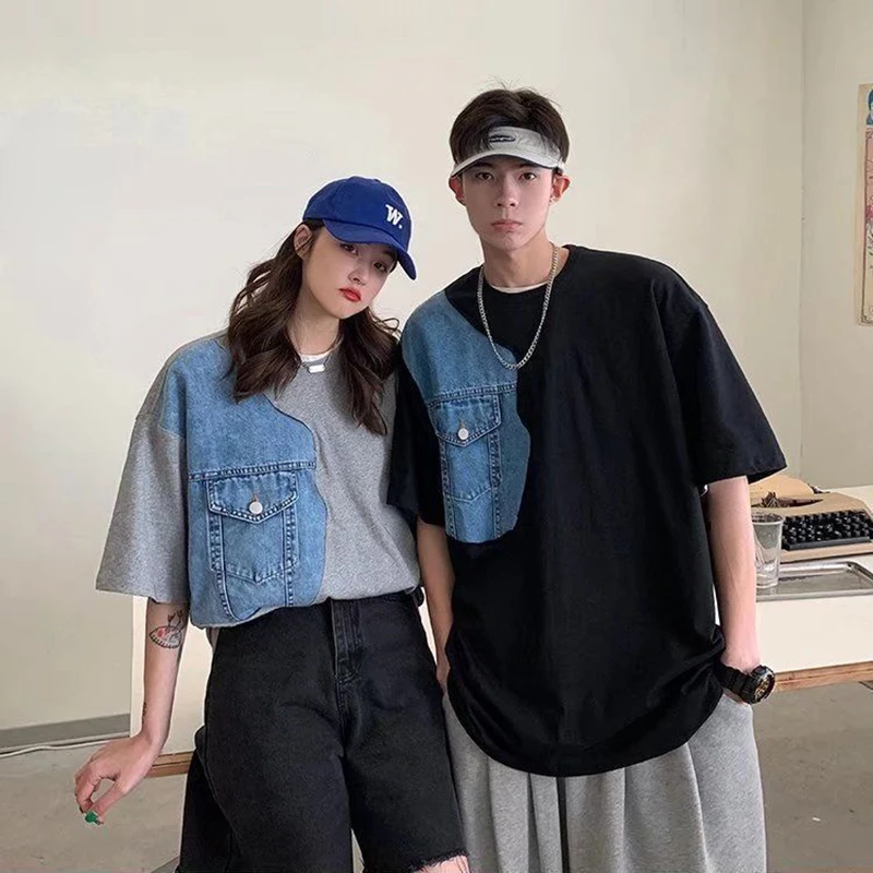 Denim Patchwork Cool Fashion Women O Neck Short Sleeve T Shirt Black Grey Hip Hop Punk Streetwear Oversized Harajuku Couples Top