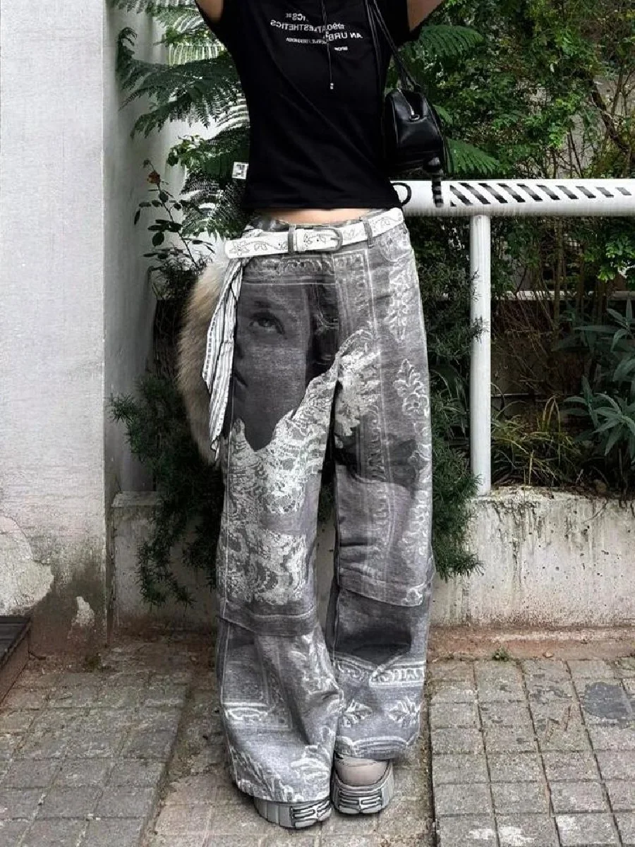 American High Street Printed Long Jeans Women Summer New Street Style Design Niche Slim Floor Trousers