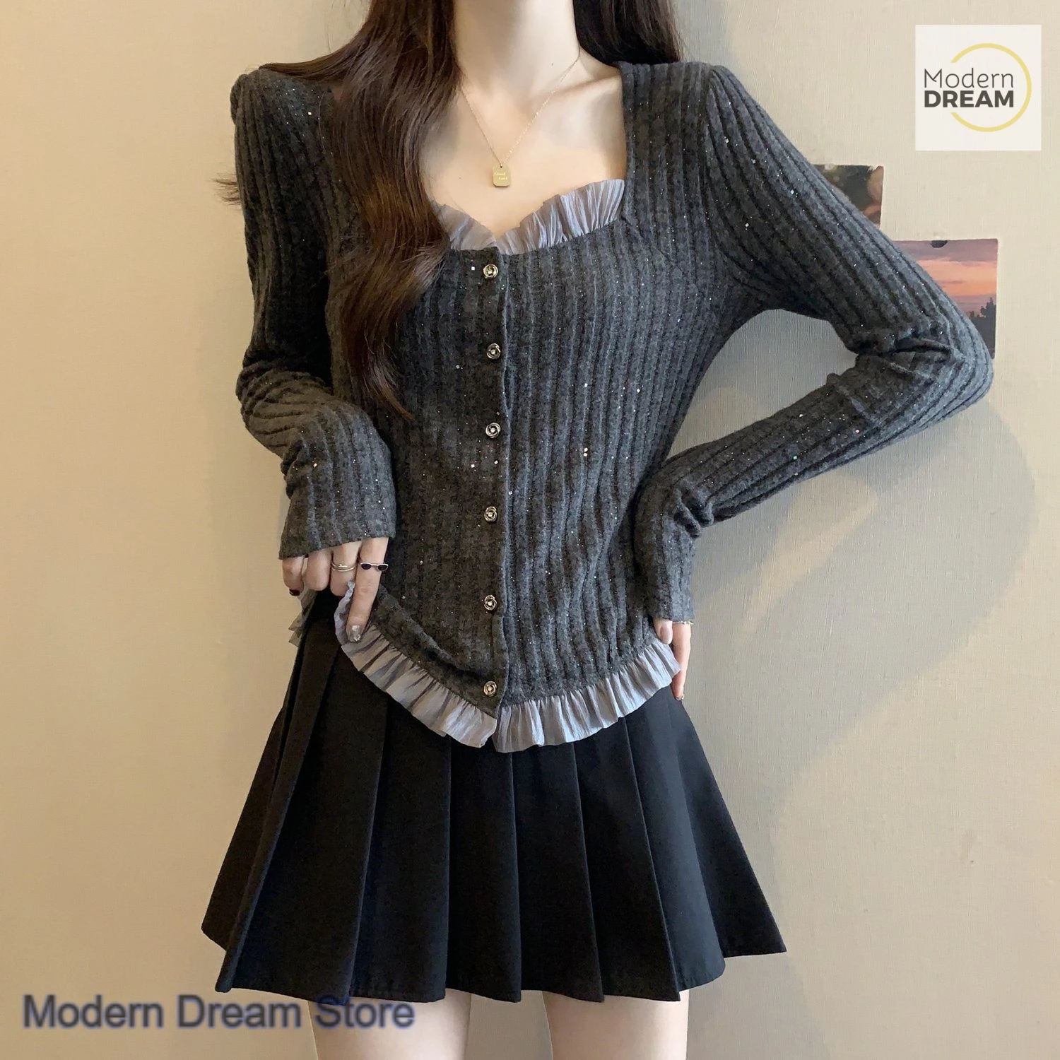 

French wood ear collar shoulder bright silk sweater women's autumn and winter new plus size high-grade lace bottoming shirt top