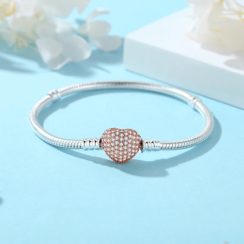 Original 925 Sterling Silver Bracelets Bangles Love Heart Clip Charms Beads Snake Chains For Women Rose Gold Diy Luxury Jewelry image 5