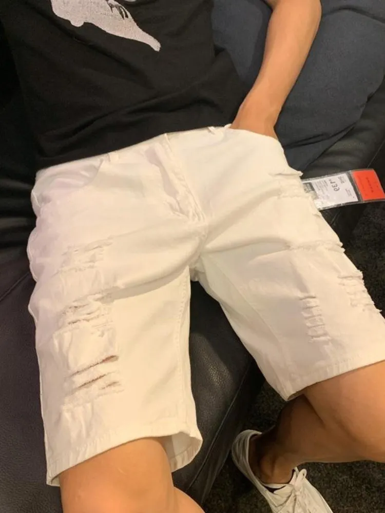 

Летние тонкие мужские джинсовые орты, модные брендовые повседневные прямые ноги, пятиконечные белые орты, корейские сле, легкие, молодежные