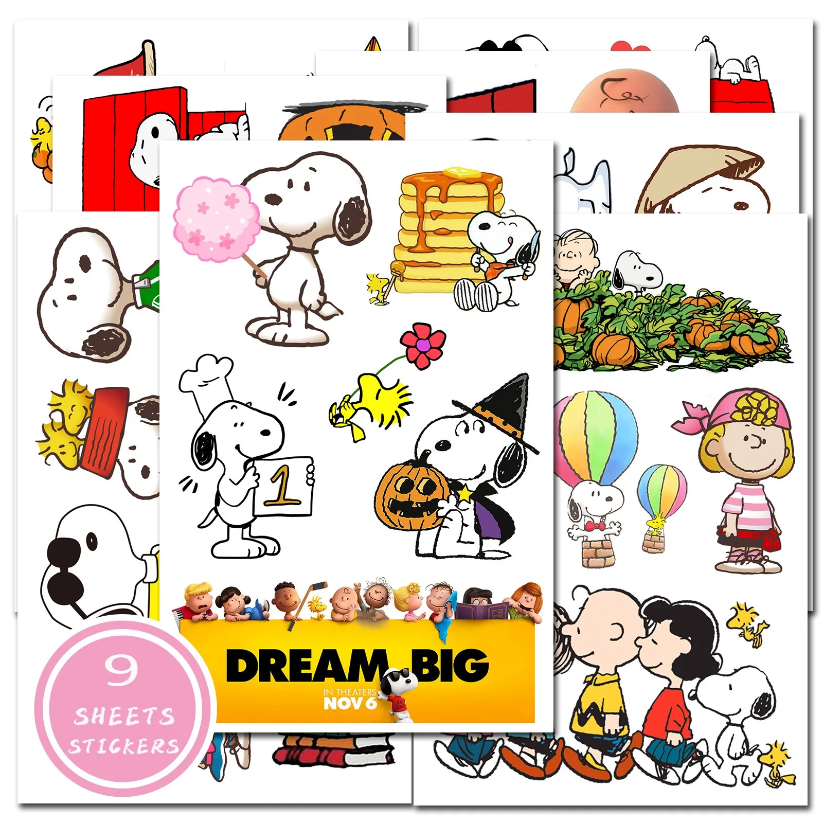 9 hojas de pegatinas de Snoopy Kawaii para monopatín, bicicleta, guitarra, portátil, papelería, teléfono, equipaje de bicicleta, pegatinas de Snoopy de maní para coche
